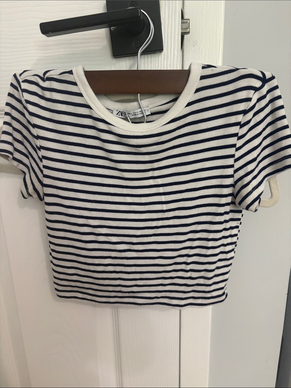 ZARA Navy and White Striped Crewneck Crop Top